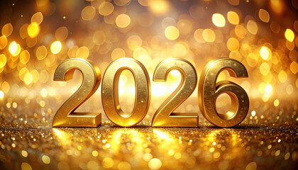 Golden 2026 numbers shine brightly against sparkling bokeh background, creating festive and celebratory atmosphere. image exudes sense of excitement and anticipation for new year