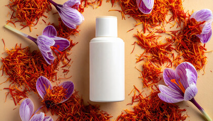 White cosmetic bottle surrounded by vibrant saffron threads and purple crocus flowers on beige background, creating luxurious and natural aesthetic