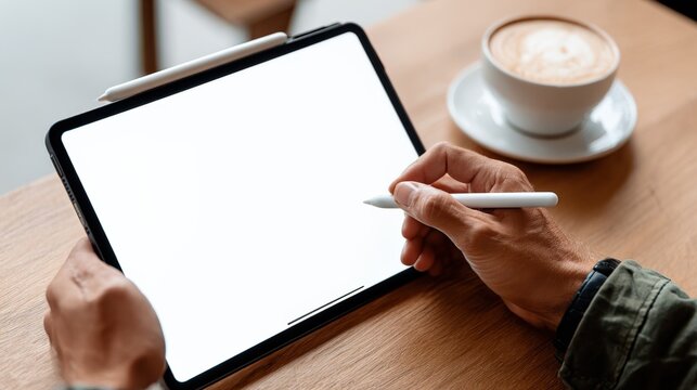 Hands Using Digital Tablet with Blank Screen and Coffee Cup on Wooden Table for Business