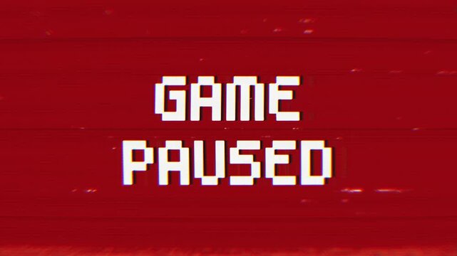 retro 8-bit GAME PAUSED message with glitch and static effects on a red background. Perfect for gaming streams, retro themes, or video overlays.