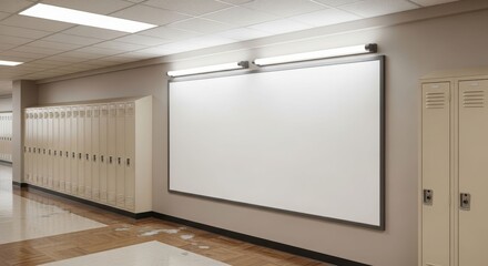 A school hallway featuring lockers lining the left wall and a large blank whiteboard mounted on the right wall, illuminated by overhead lights.