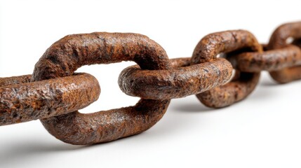 Fototapeta premium Rusty metal chain links lie against a white background emphasizing their worn texture and sturdy design. This visual highlights the beauty of industrial materials in everyday items.
