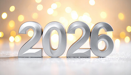 Silver numbers 2026 stand prominently against backdrop of warm, glowing bokeh lights, creating festive and celebratory atmosphere. image conveys sense of anticipation and excitement for new year