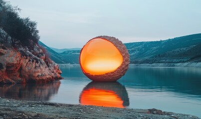 Abstract sphere on water landscape glowing artistic installation outdoor