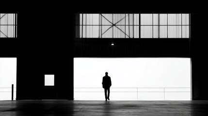 A person is seen walking alone in a vast industrial area with tall windows. The bright light filters in creating dramatic shadows against the walls.