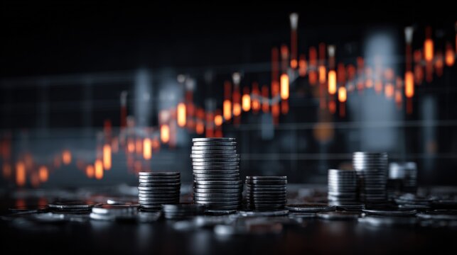 Stock Market Growth Concept with Coin Stacks and Bullish Chart, Financial Investment Success