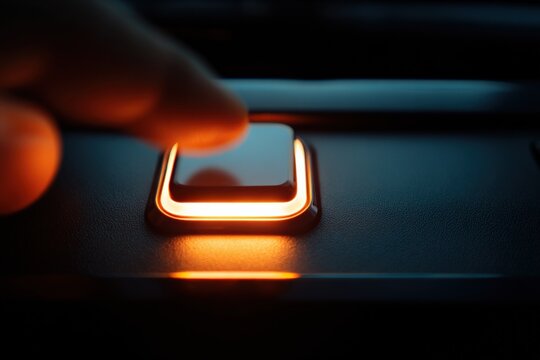 Activating Button with Finger: Close-Up of Illuminated Control Panel for Modern Technology Concept - Powered by Adobe