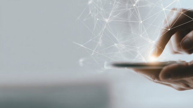 Digital Connection: Hand Touching Smartphone Screen with Abstract Network Overlay for Modern Communication