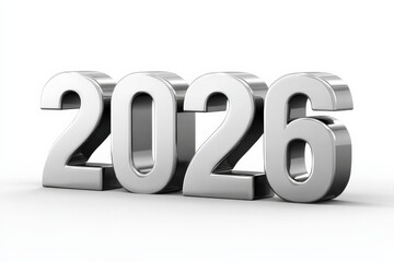 3D render of the number 2026 in a shiny silver metal, indicating the year