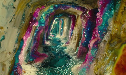 Abstract tunnel with colorful liquid flowing down walls for creative background