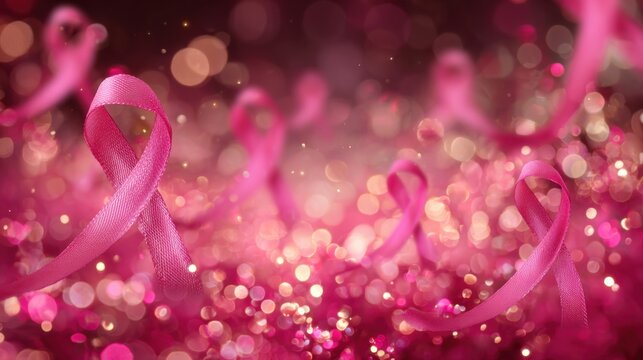 Various pink ribbons stand prominently against a sparkling pink background representing awareness and support for breast cancer. The scene is vibrant and hopeful.