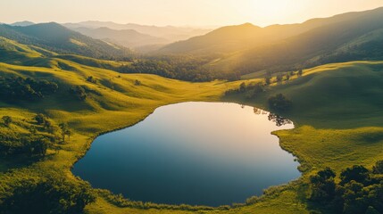 Scenic landscape of lush green rolling hills surrounding a tranquil lake during sunset
