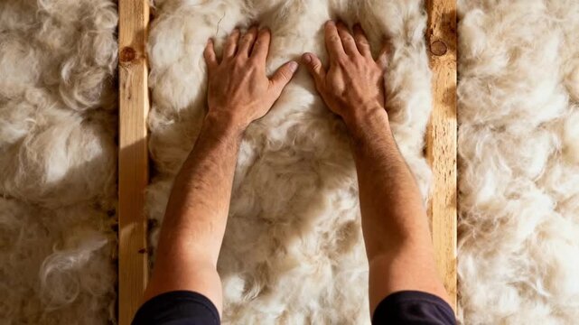 Medium shot showing hands fitting natural wool insulation between wooden studs emphasizing breathable renewable home thermal protection.