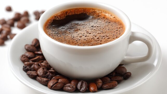 A cup of steaming coffee is placed on a white surface surrounded by scattered whole coffee beans creating an inviting and warm atmosphere.