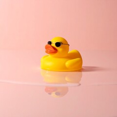 A yellow rubber duck wearing sunglasses on pink surface