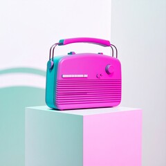 A pink and blue radio on a geometric pink cube stand