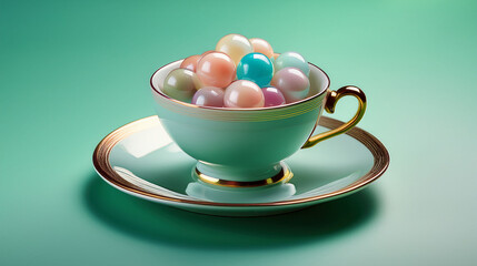A teacup filled with colorful pearl like objects