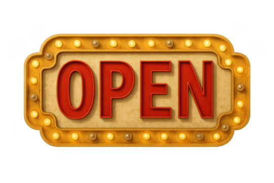 Open sign featuring glowing light bulbs, vintage marquee design, advertising business entry, transparent background