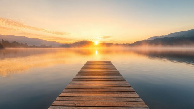 Serene Sunrise Over Calm Lake with Wooden Dock and Misty Mountains in the Background