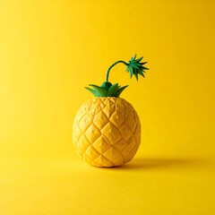 A yellow pineapple with green leaves on yellow background