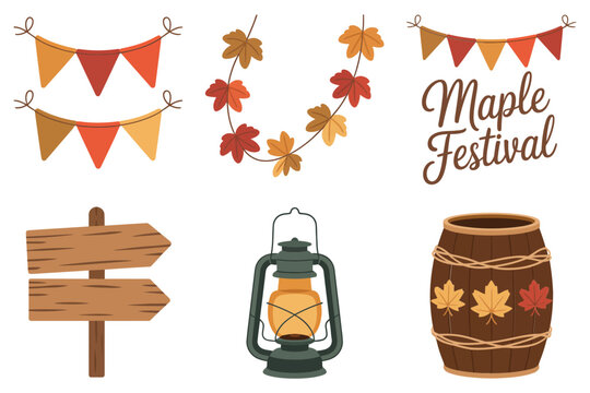 Flat vector icons for maple festival, featuring banners, wooden sign, lantern, barrel, and autumn leaves.