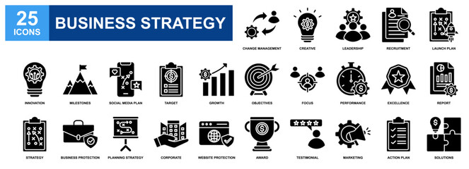 Business Strategy icon set collection. Containing design Leadership, Creatve, Milestones, Planning Strategy, Solutions