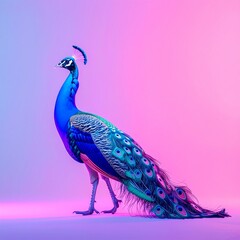 A vibrant peacock standing against a pink backdrop