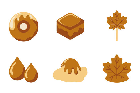 Flat vector icons for sweet breakfast food, featuring donut, caramel candy, maple leaf, and syrup drops,