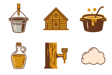 Outline icons for traditional sugar shack setting, illustrating cabin, sap bucket, firewood, and cooking over an outdoor fire,