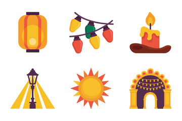 Stylized flat vector icons for holiday celebration and festivals, featuring colorful decorative lanterns, street lamp, burning candle, sunny arch, and event lights.