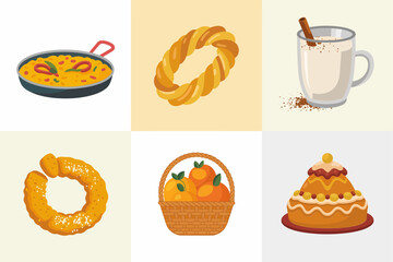Flat vector icons for sweet food and desserts, illustrating freshly baked pretzel, churro, traditional bread, basket treats, and hot beverage cup.