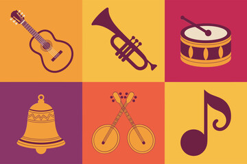 Flat vector icon set for musical instruments and celebration, illustrating trumpet, guitar, drum, maracas shakers, bell, and decorative music notes.