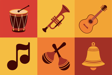 Colored outline vector icons for music and musical instruments, featuring trumpet, guitar, drum, maracas, bell, and decorative music notes for celebration.