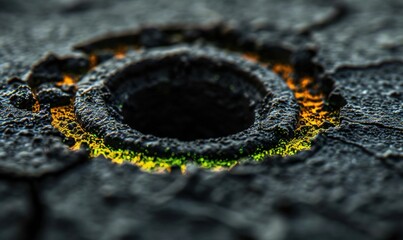 Dark abstract circular hole with light ring in rough material texture