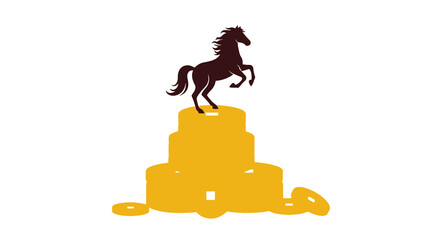 Majestic horse symbolizing strength and progress, standing triumphantly atop a stack of gleaming golden coins, representing abundant wealth, financial success, and prosperity in business and life