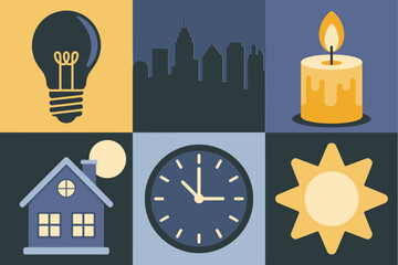 Flat vector icon set for city life and time, featuring lightbulb, burning candle, urban skyline, house, clock, and sunrise symbols.