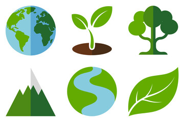 Outline vector icons for nature and environment, illustrating earth globe, plant, tree, mountain, flowing river, and green leaf symbol.