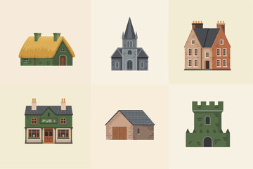 Simple flat vector icons for architecture and buildings, representing village church, house, castle, cabin, and traditional structures.