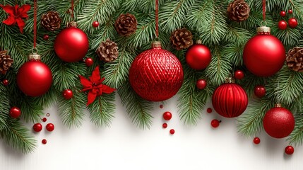 Fototapeta premium Vibrant red holiday ornaments adorn lush green fir branches above a clean white surface