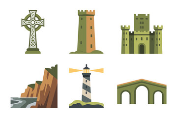 Flat vector icon set for Irish architecture and landmarks, featuring coastal cliff, lighthouse, Celtic cross, ancient bridge, and medieval castle. © kdpprosolutions2015