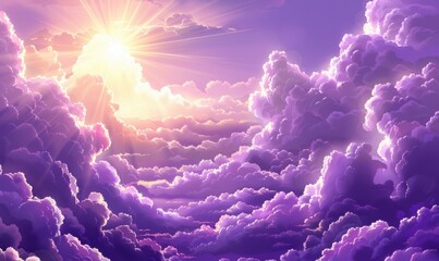 Dramatic purple clouds and sun rays wallpaper background for spiritual themes