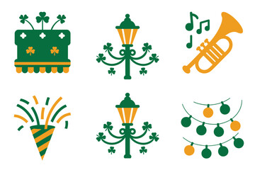Flat vector icon set for festival and music celebration, featuring decorative lantern, trumpet, confetti cannon, festive lights, and lucky clover symbols.