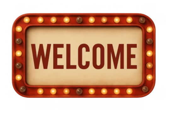 Vintage welcome sign with glowing light bulbs, retro marquee effect, creating inviting atmosphere, transparent background - Powered by Adobe