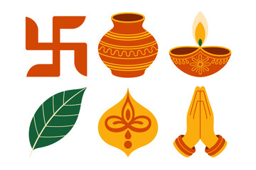 Flat vector icon set for Hindu symbols and culture, illustrating Swastika, pot, Diya lamp, leaf, and prayer hands.