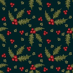Seamless Christmas pattern. Watercolor Christmas holly branch, red berries on green background