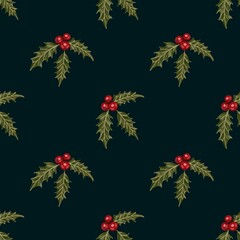 Seamless Christmas pattern, watercolor Christmas holly branch with red berries on green background, hand drawn