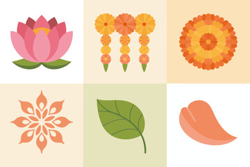 Outline vector icons for flowers and nature, illustrating lotus, marigold, tropical leaves, floral arrangements, and botanical elements.