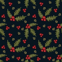 Holly branch with red berries. Seamless Christmas pattern.