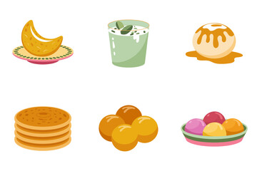 Colored outline vector icons for Indian food and snacks, showing traditional sweets, cookies, dessert, and festive treats.