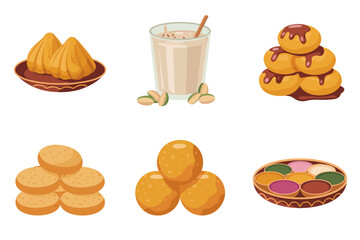 Flat vector icon set for Indian food and drink, featuring nuts, sweets, milkshake beverage, dessert, and traditional treats.